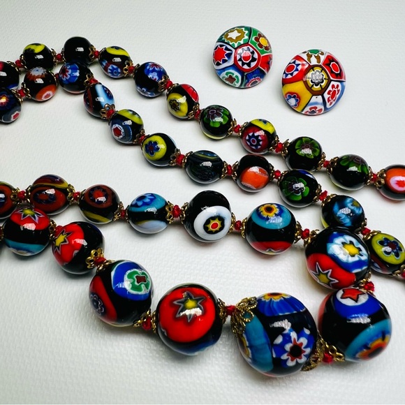 millefori Jewelry - Vintage Italian Venetian Millefiori Art Glass necklace with clip on earrings